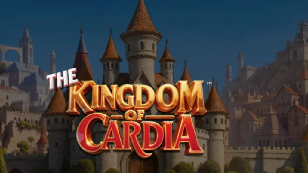 The Kingdom of Cardia slot game visual interface featuring a fantasy garden and card-themed symbols